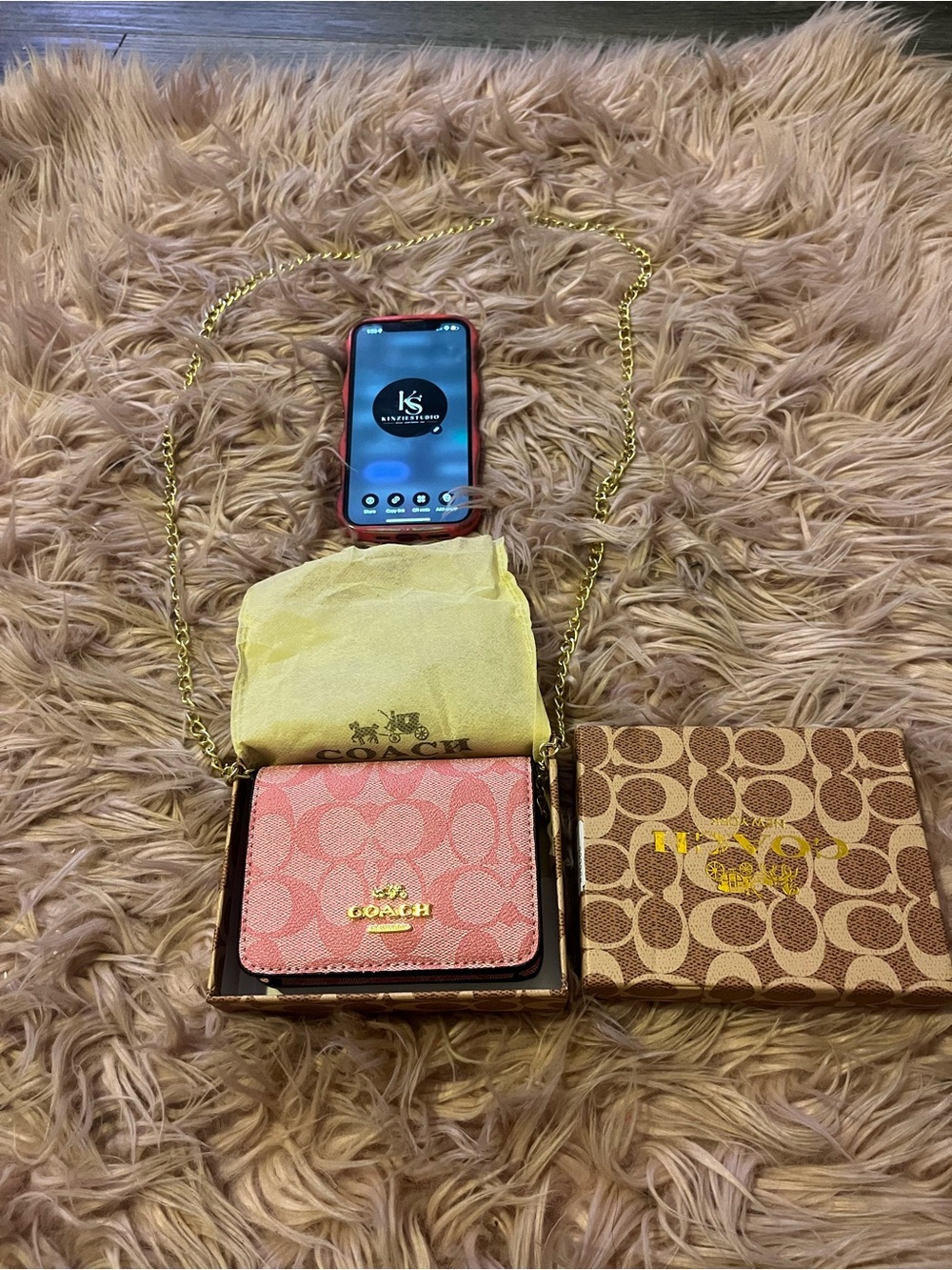 Coach Pink Signature Compact Crossbody Wallet with Gold Chain